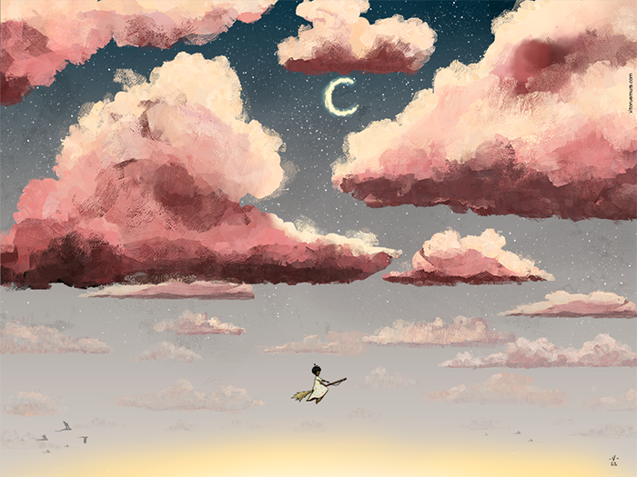 Bruxinha voltando para casa em sua vassoura mágica depois de um dia de trabalho