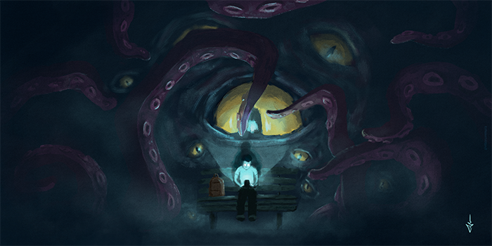 Pessoa olhando para o celular e monstro atrás