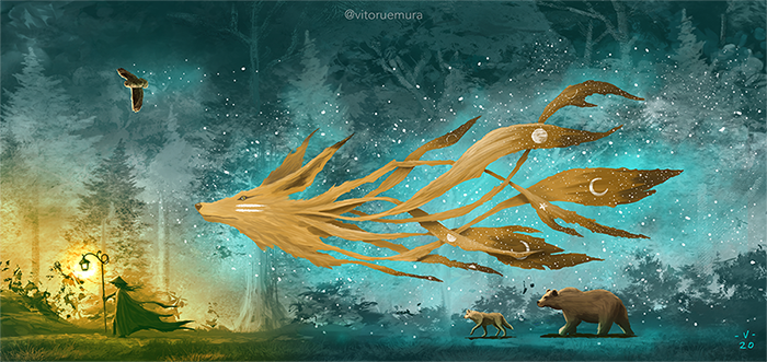 Kitsune das 7 luas e a sabedoria da floresta guiando os animais sagrados até o nascer do sol