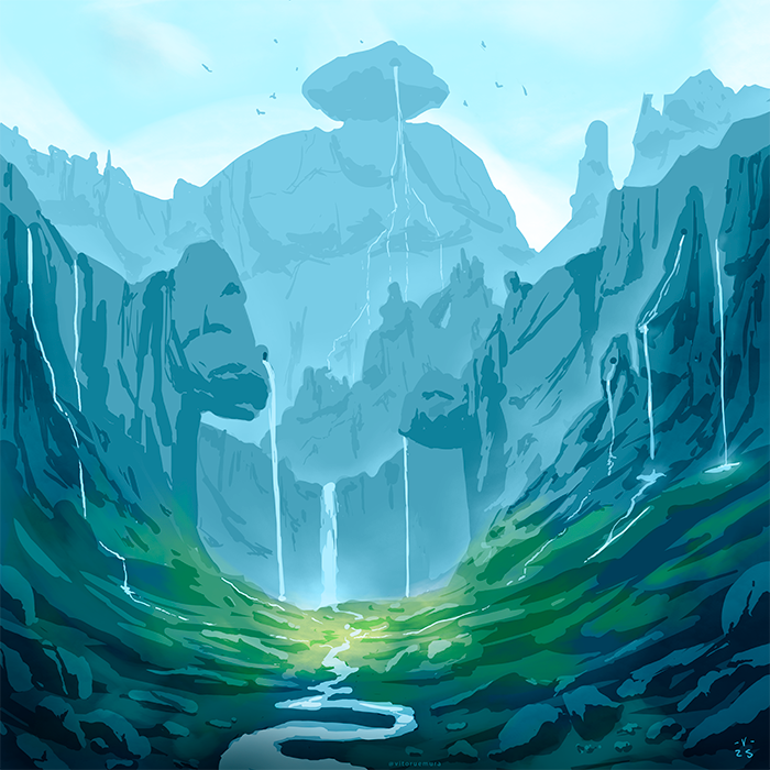 Paisagem com um vale e montanhas ao fundo