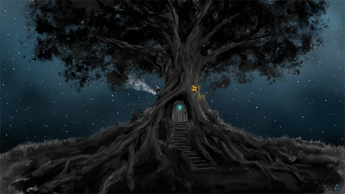 Casa na árvore da anciã protetora da floresta sagrada