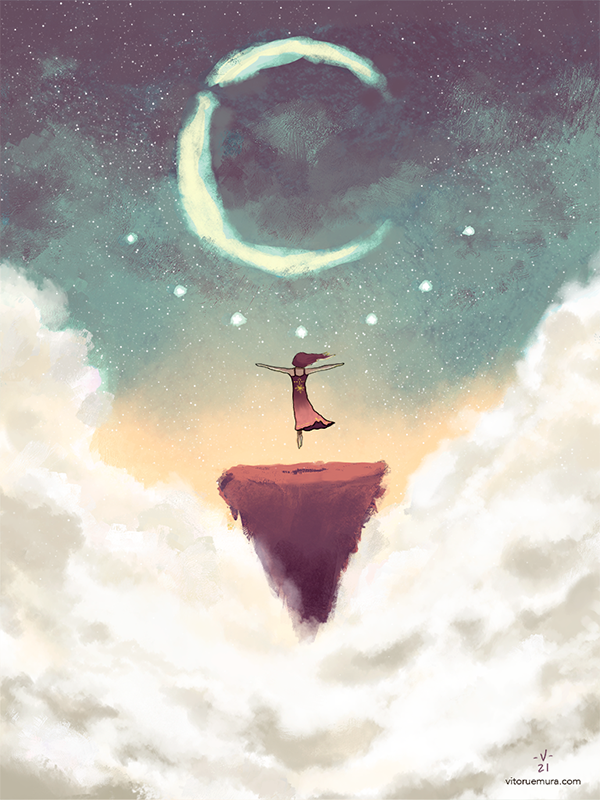 Mulher saudando a lua crescente acima das nuvens