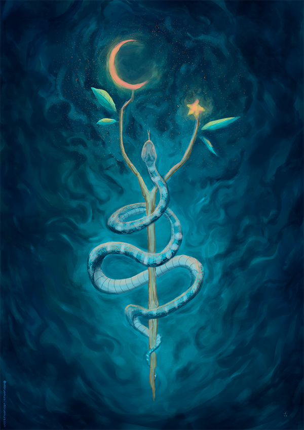 Serpente que sobe em direção a lua e as estrelas