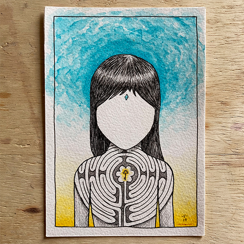 Pintura Labirinto mostra uma garota com uma chave em seu peito